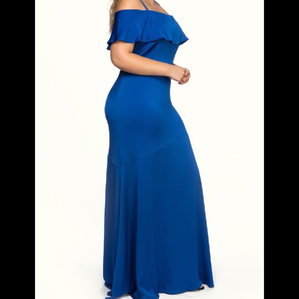 Blue cold shoulder silk dress